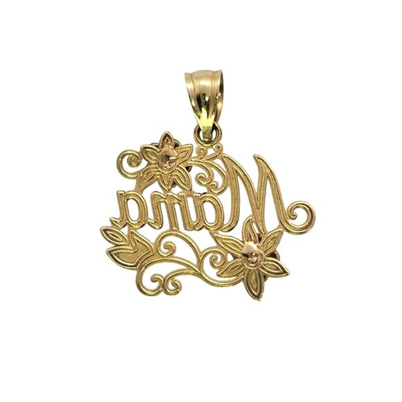14K Yellow & Rose Gold Mama Pendant Flowers Delicate Filigree Two Tone - Picture 2 of 8